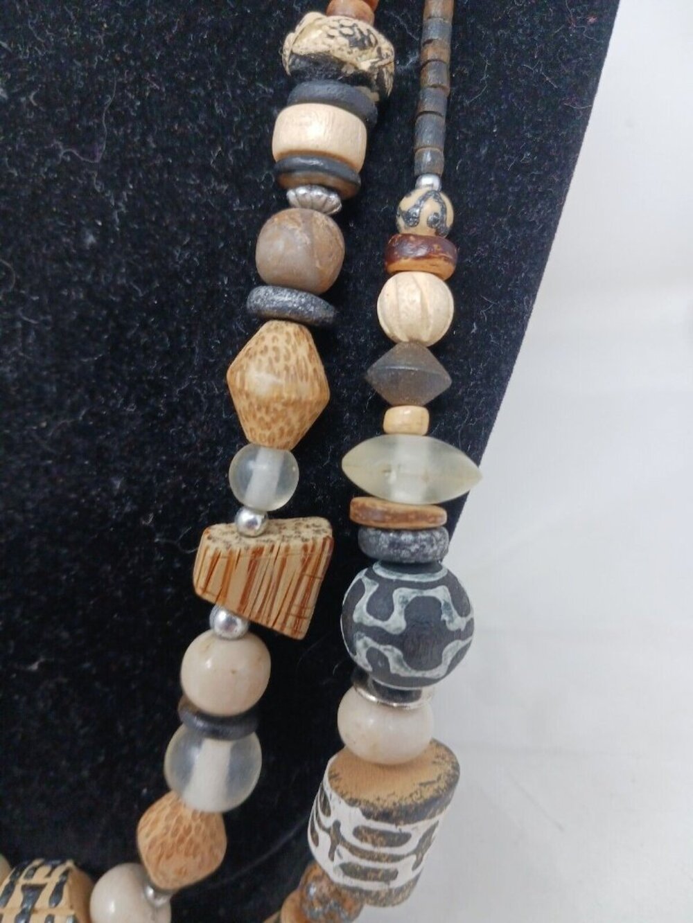 Ethnic Wood Necklace Carved Beaded 2 Strand Earthy Bohemian Tribal 22" & 25" #J7 - Picture 3 of 5